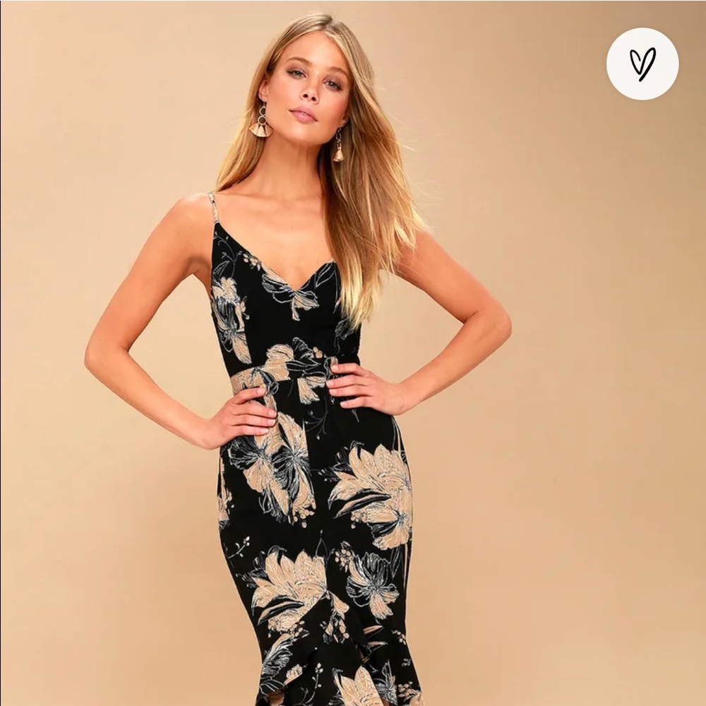 NWT Lulus Darling Daylily Black Floral Print High-Low Maxi Dress size M